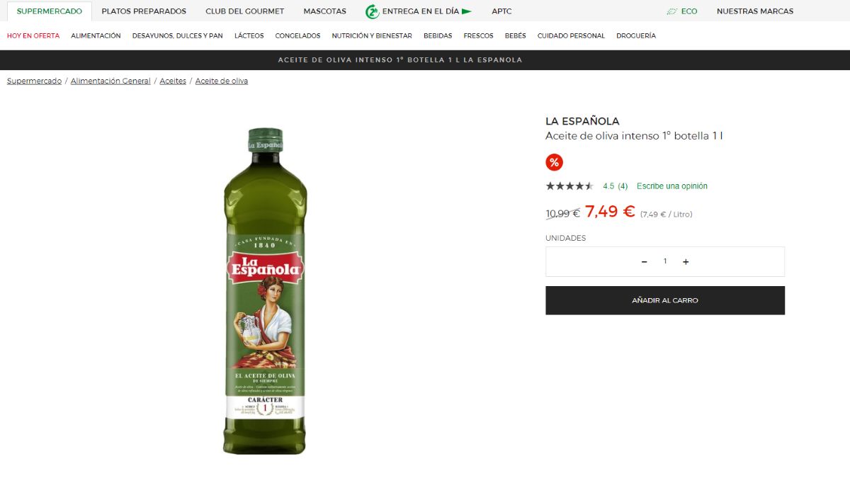 Oferta de aceite de oliva en El Corte Inglés.