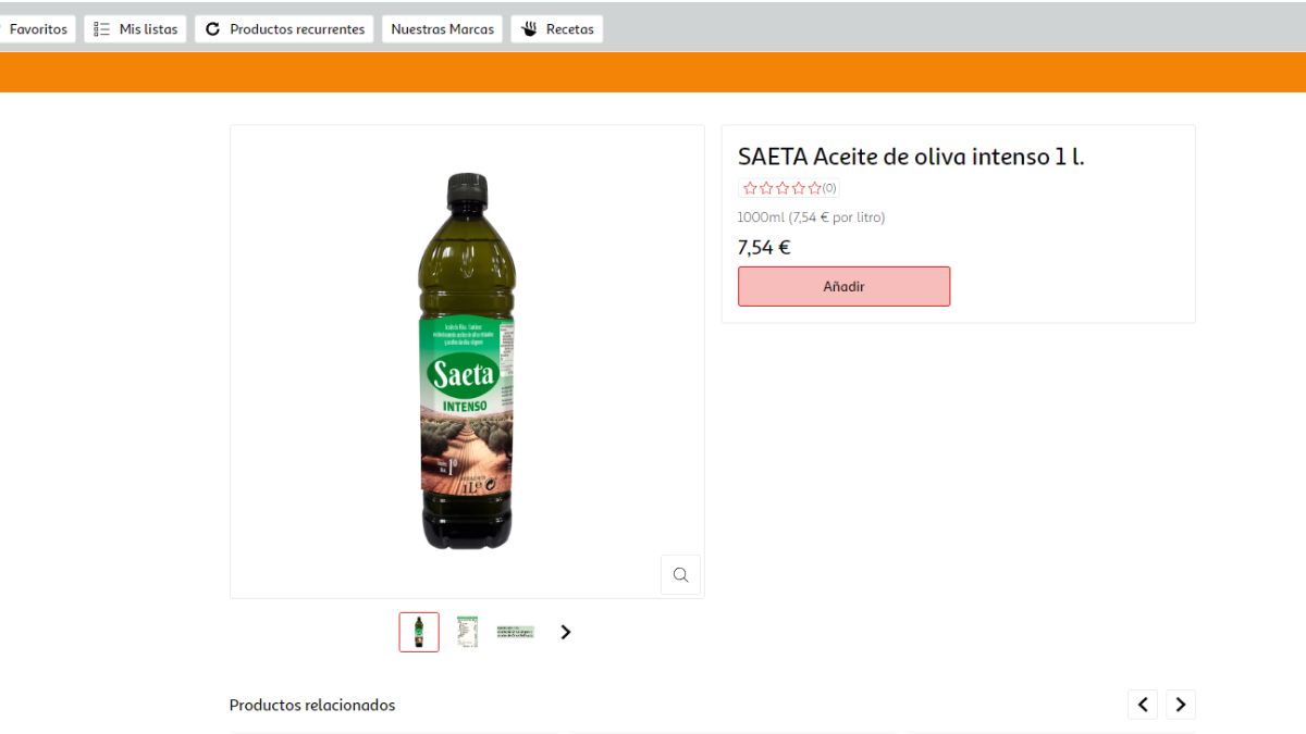 Oferta de aceite de oliva 'Saeta', en captura de pantalla