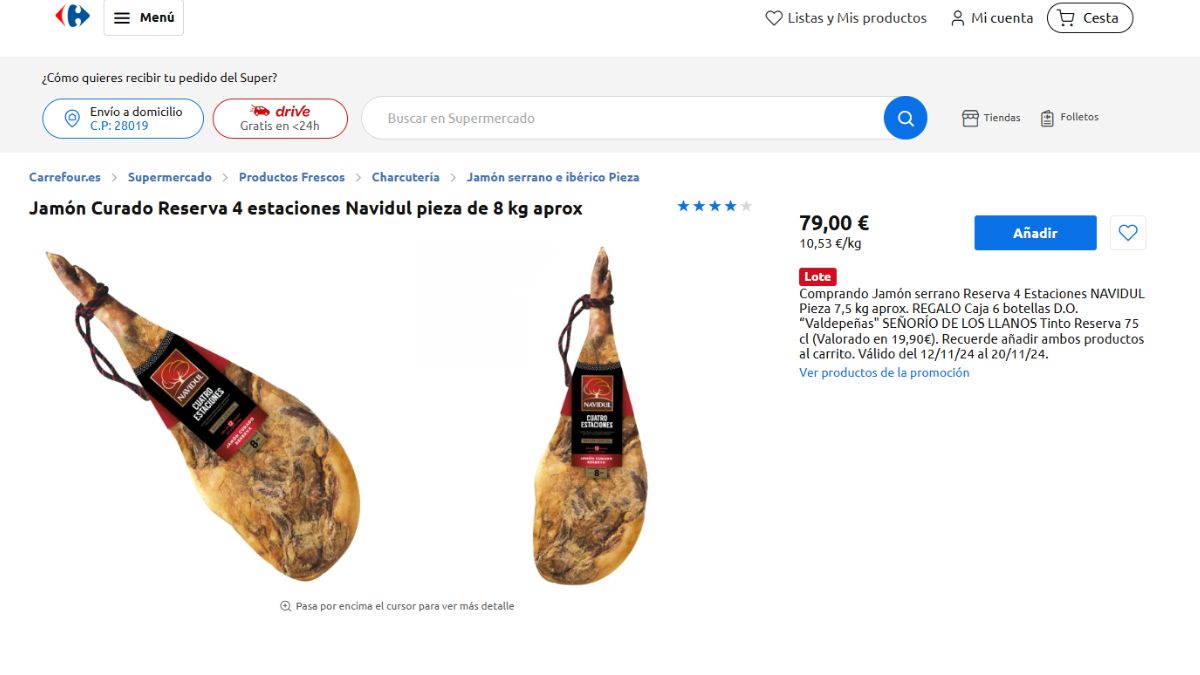 Oferta en jamón serrano de Carrefour.