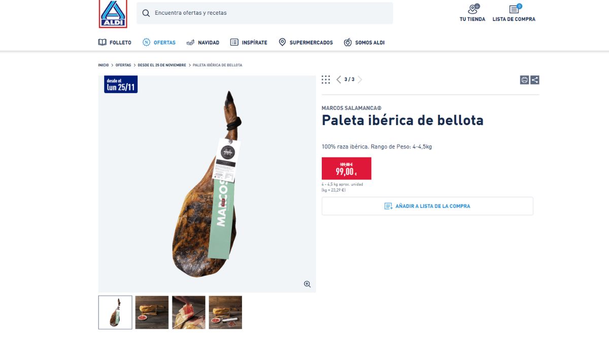 Paleta de jamón ibérico que se oferta en Aldi.