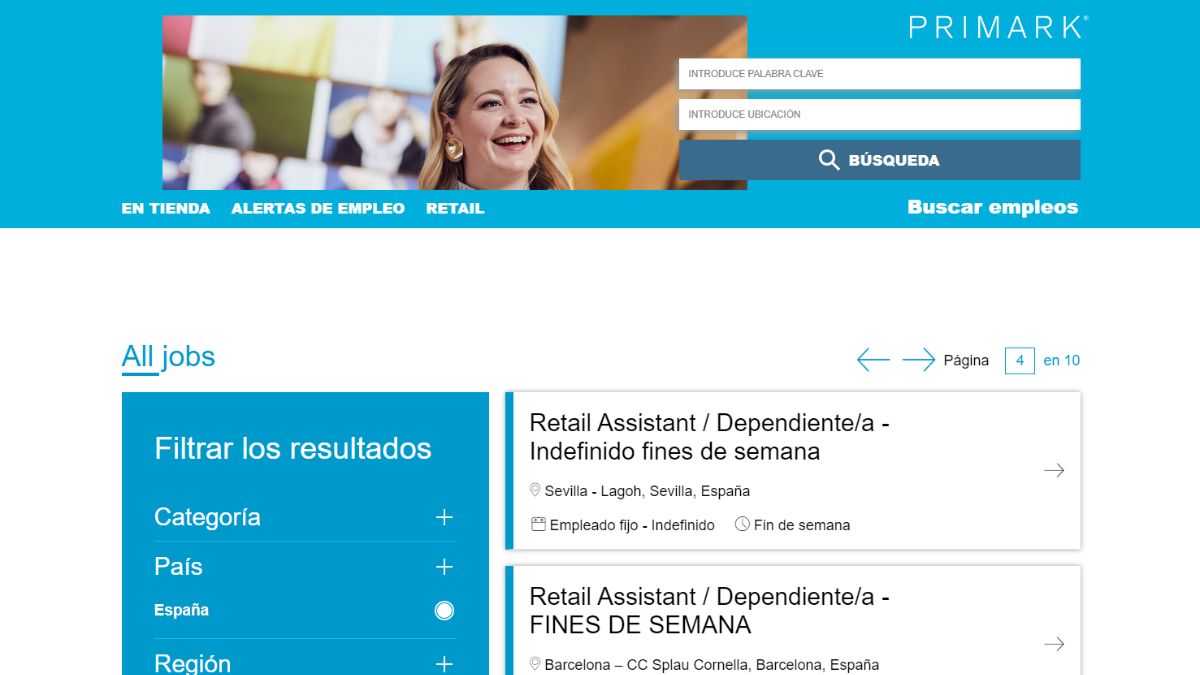 Pantalla de la sección de empleo de Primark con las ofertas vigentes.