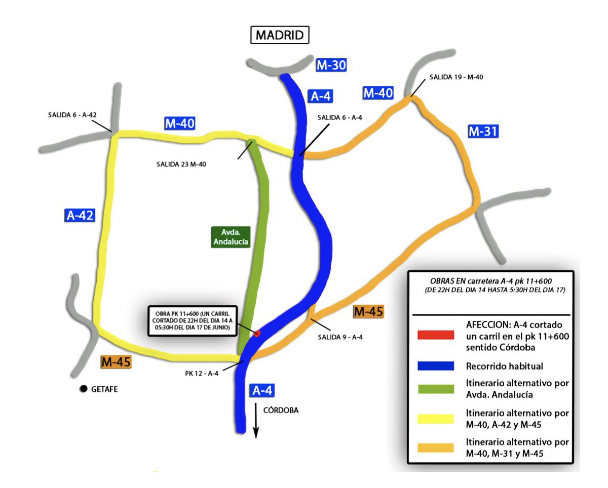 Mapa de los cortes en carretera en la A-4 y los desvíos en sentido salida de Madrid