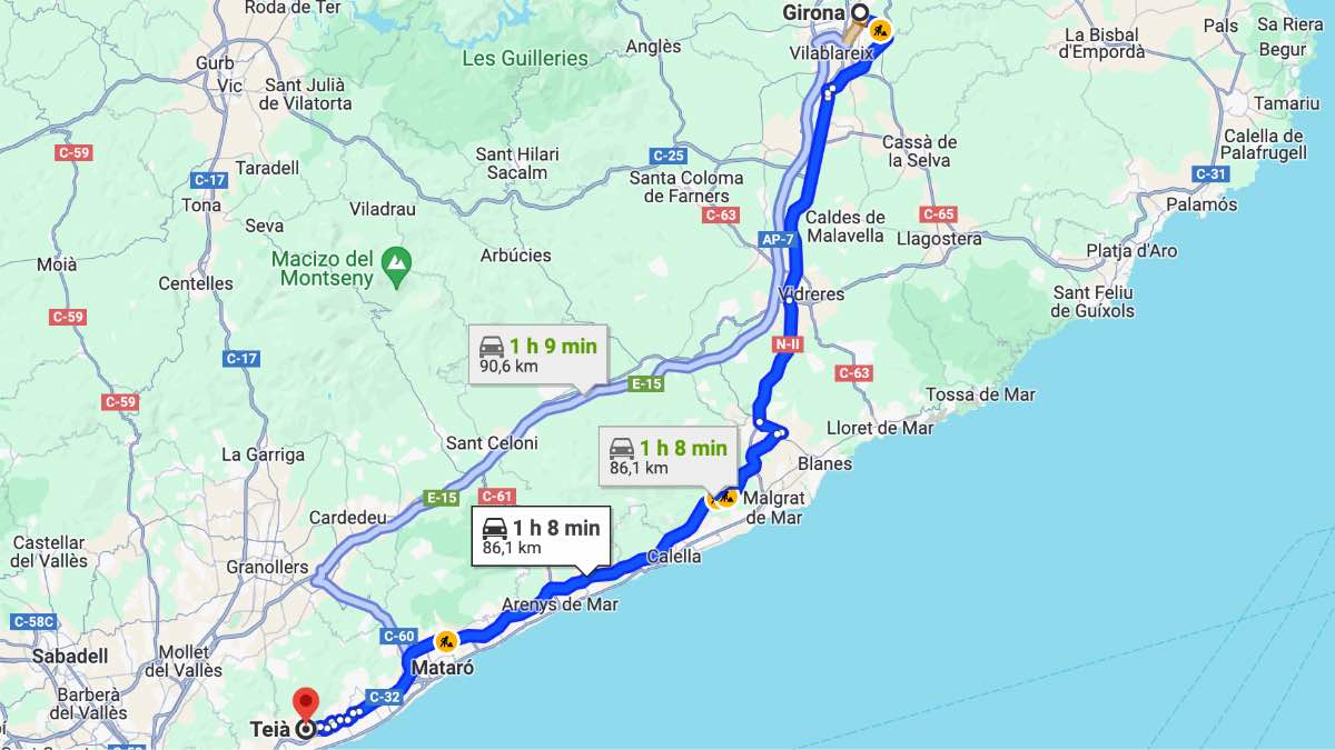 Mapa distancia Girona Teià