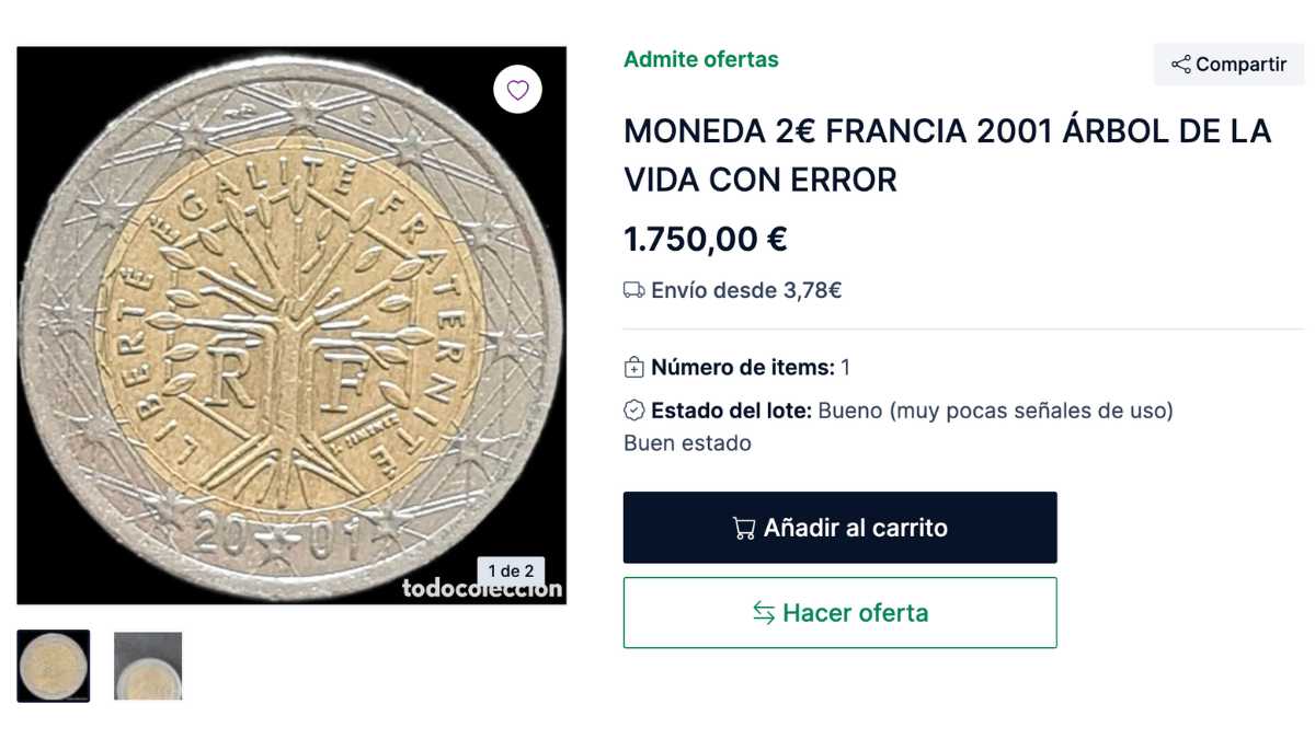 Moneda de 2 euros que se vende por 1750 euros