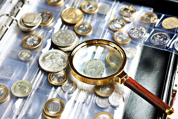 Monedas y lupa para examinar su valor 
