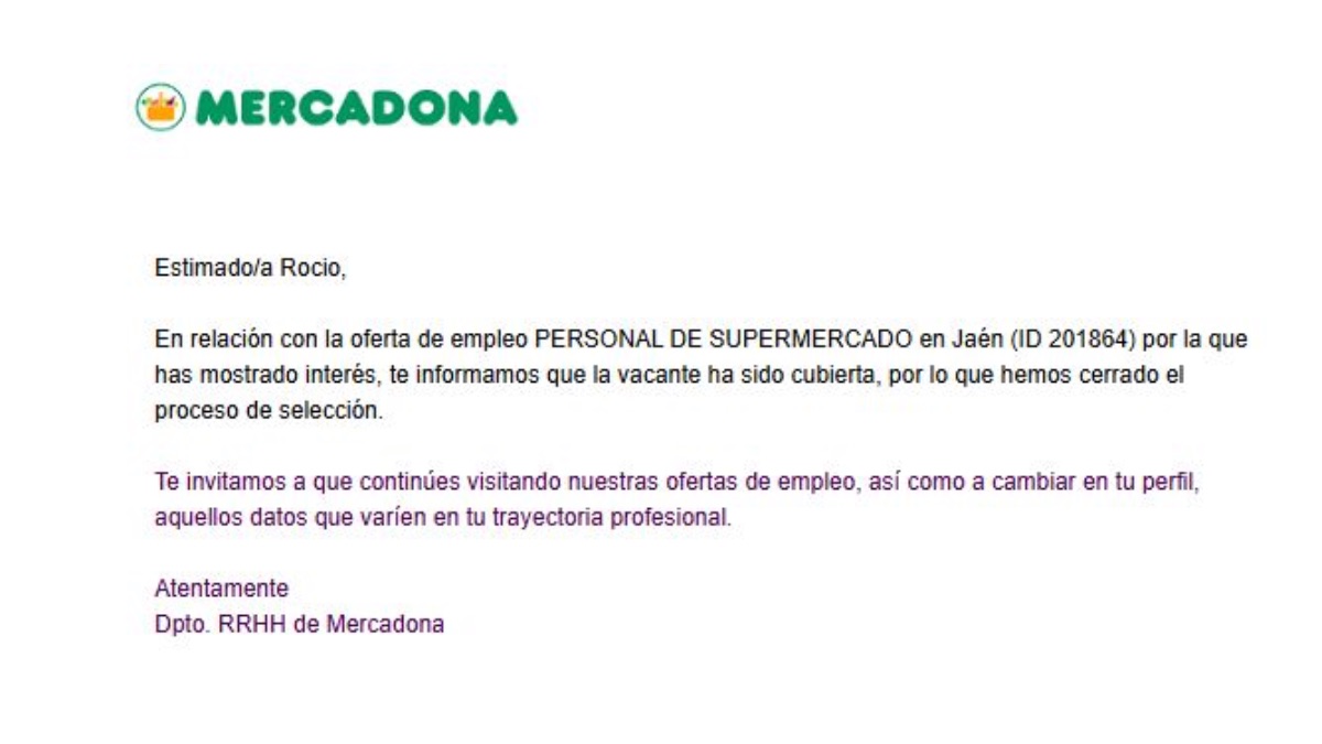 Respuesta de Mercadona a una vacante