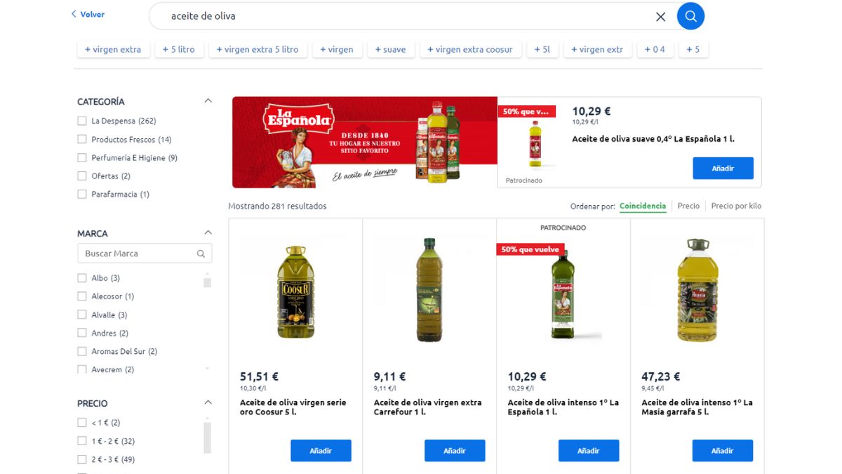 Catálogo de ofertas de Carrefour con aceite de oliva.