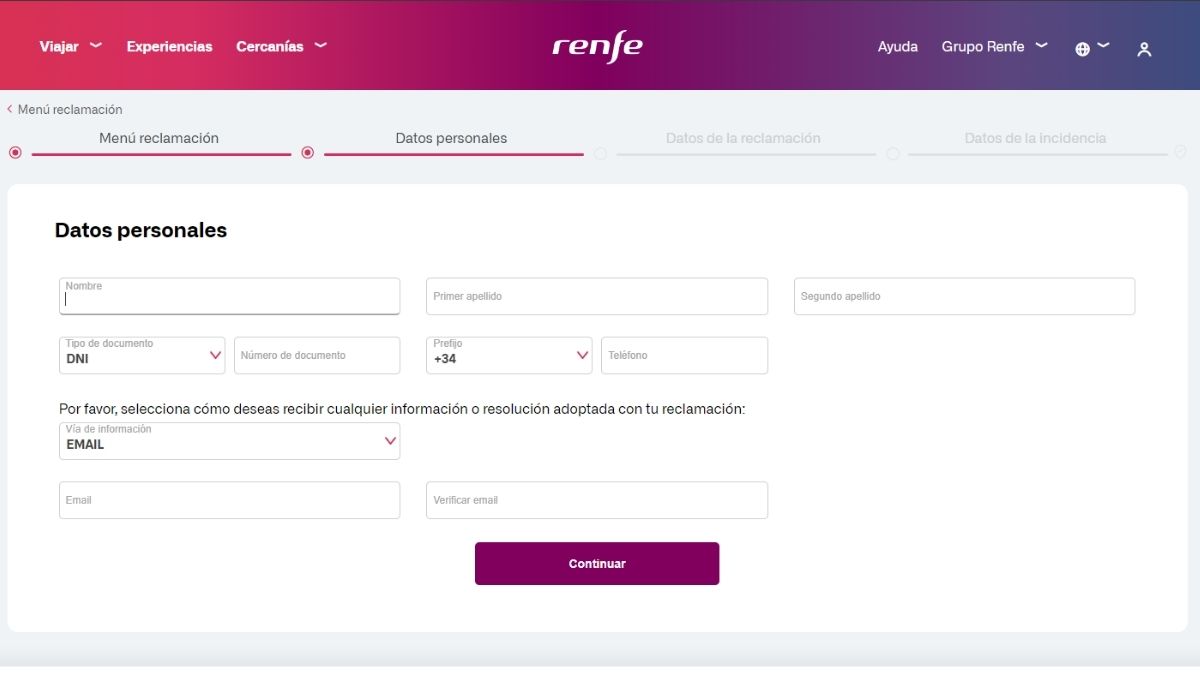 Formulario para poner una reclamación en Renfe