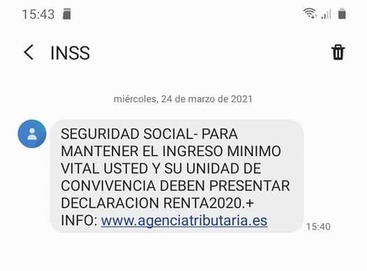 sms de la seguridad social donde informan que deben hacer la declaracion de la renta para cobrar el IMV